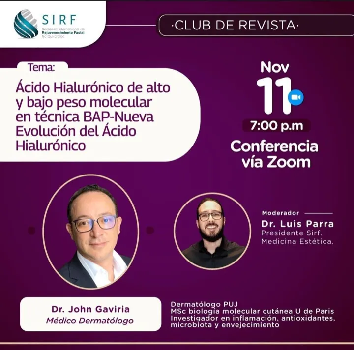 Afiche del Club de Revista: Ácido hialurónico de alto y bajo peso molecular en técnica BAP, con John Gaviria