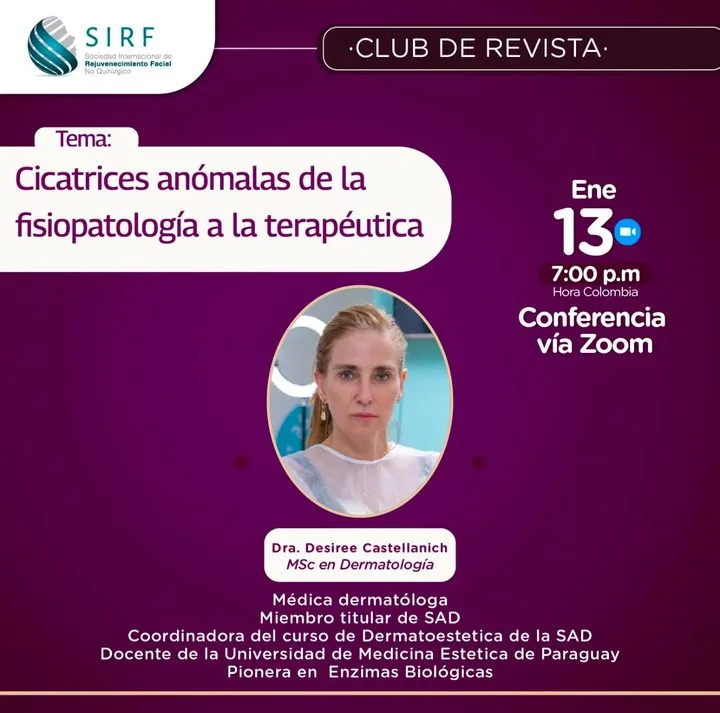 Afiche del Club de Revista: Cicatrices anómalas: de la fisiopatología a la terapéutica, con Desiree Castelanich