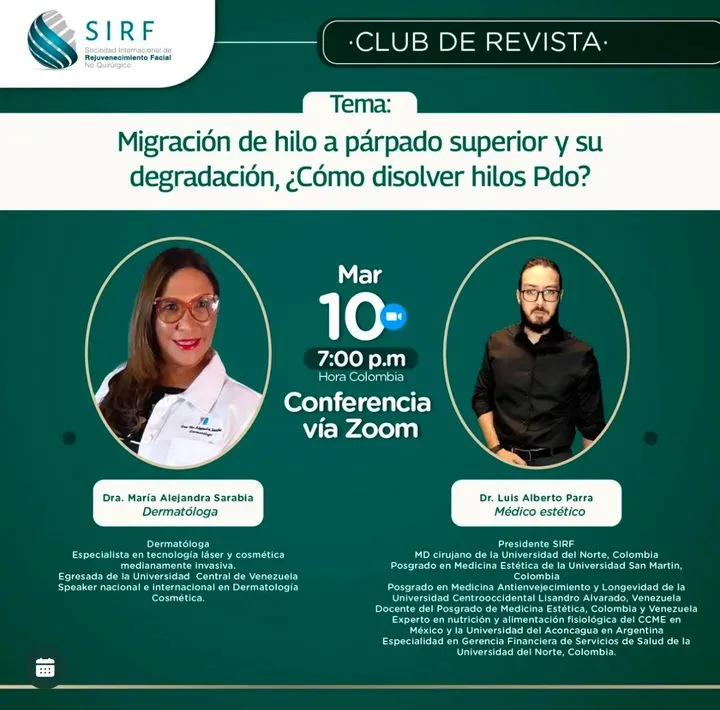 Afiche del Club de Revista: Migración de hilo a párpado superior y cómo disolver hilos PDO, con María Alejandra Sarabia y Luis Alberto Parra