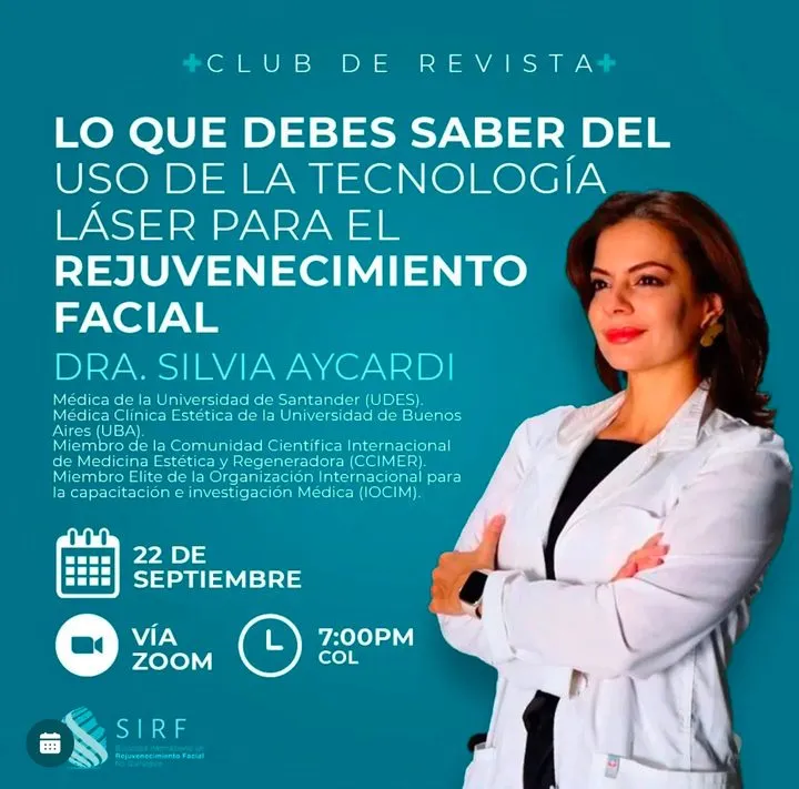 Afiche del Club de Revista: Uso de la tecnología láser para el rejuvenecimiento facial, con Silvia Aycardi