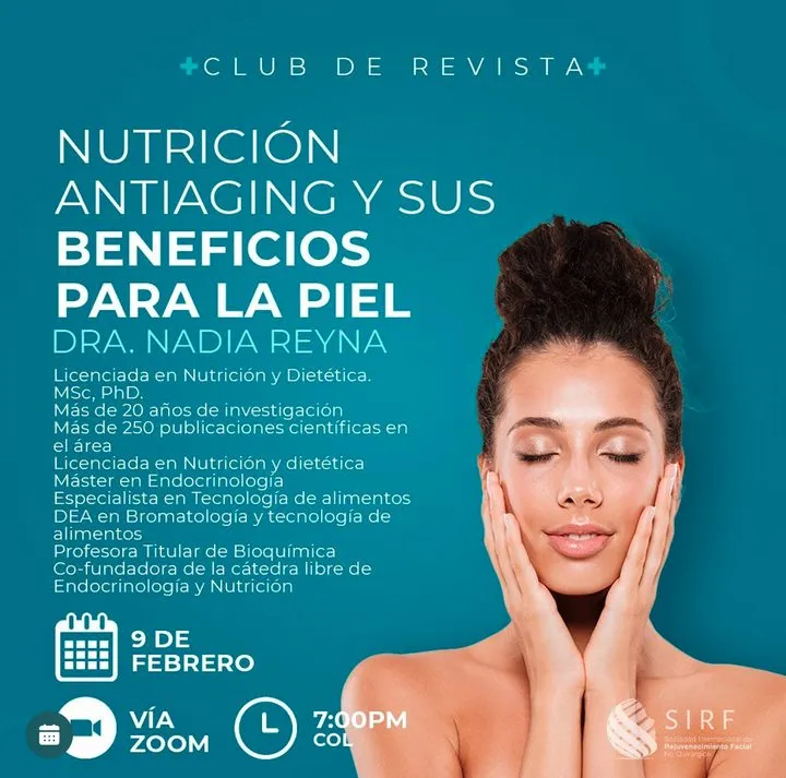 Afiche del Club de Revista: Nutrición antiaging y sus beneficios para la piel, con Nadia Reyna