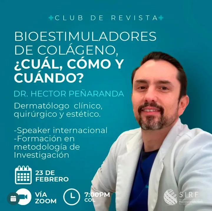 Afiche del Club de Revista: Bioestimuladores de colágeno: cuál, cómo y cuándo, con Héctor Peñaranda