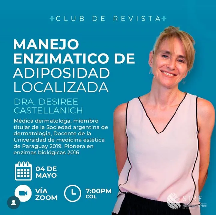Afiche del Club de Revista: Manejo enzimático de la adiposidad localizada, con Desiree Castelanich