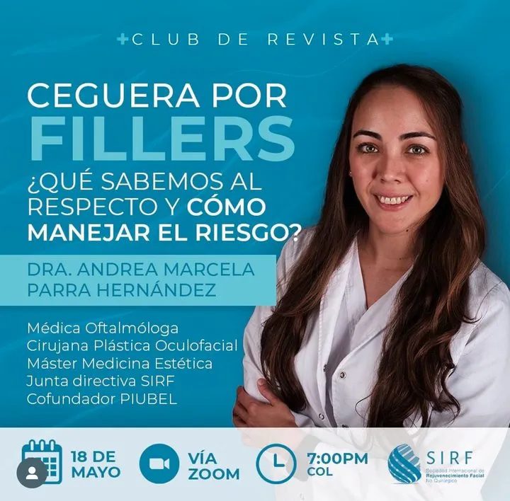 Afiche del Club de Revista: Ceguera por fillers: qué sabemos y cómo manejar el riesgo, con Andrea Marcela Parra Hernández