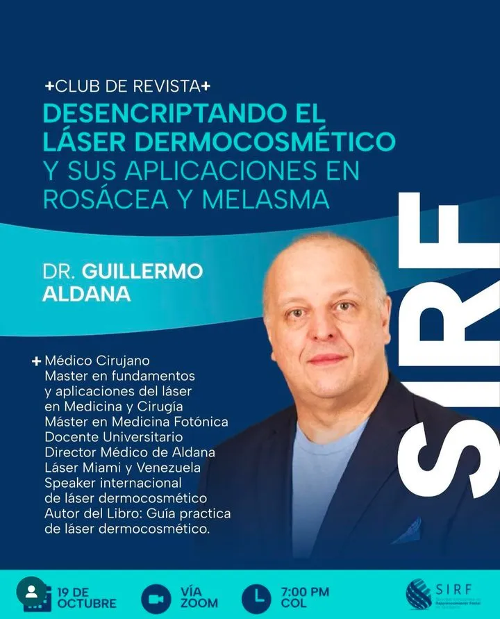 Afiche del Club de Revista: Láser dermocosmético y sus aplicaciones en rosácea y melasma, con Guillermo Aldana