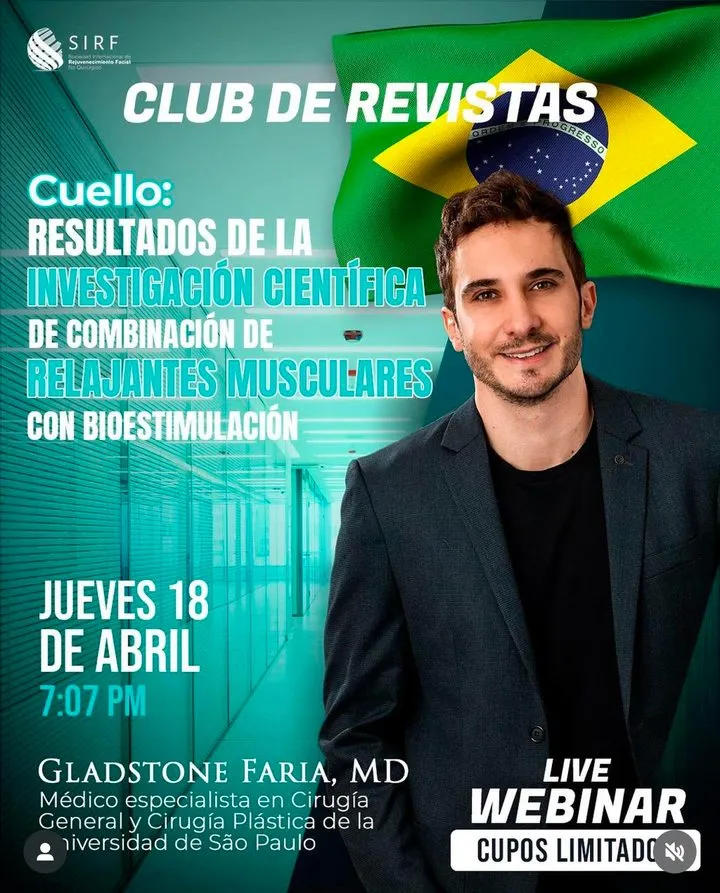 Afiche del Club de Revista: Cuello: resultados de investigación de relajantes musculares con bioestimulación, con Gladstone Faria