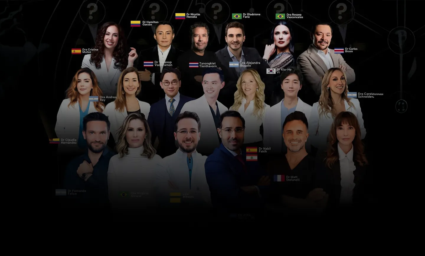 Mosaico de expertos que han dado charlas en el Club de Revista de SIRF, cada uno con la bandera de su país