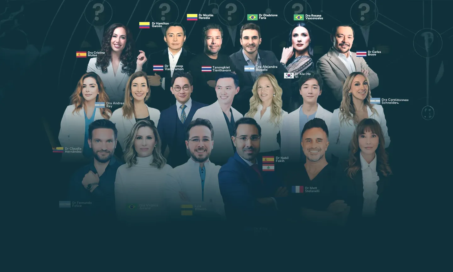Mosaico de expertos que han dado charlas en el Club de Revista de SIRF, cada uno con la bandera de su país