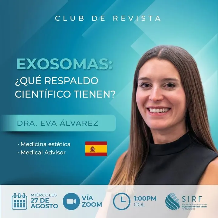 Afiche del Club de Revista: Exosomas: ¿qué respaldo científico tienen?, con Eva Álvarez
