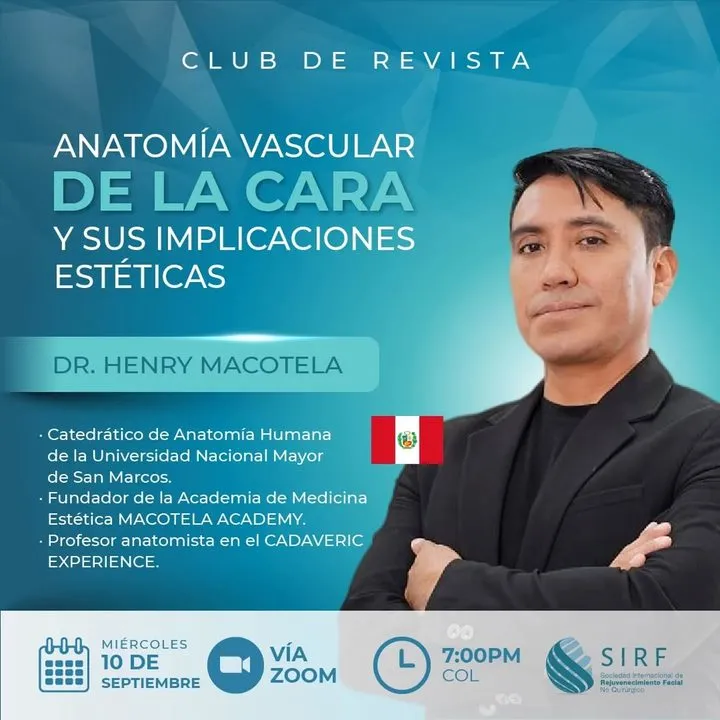 Afiche del Club de Revista: Anatomía vascular de la cara y sus implicaciones estéticas, con Henry Macotela