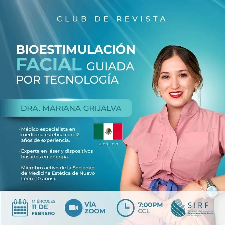 Afiche del Club de Revista: Bioestimulación facial guiada por tecnología, con Mariana Grijalva