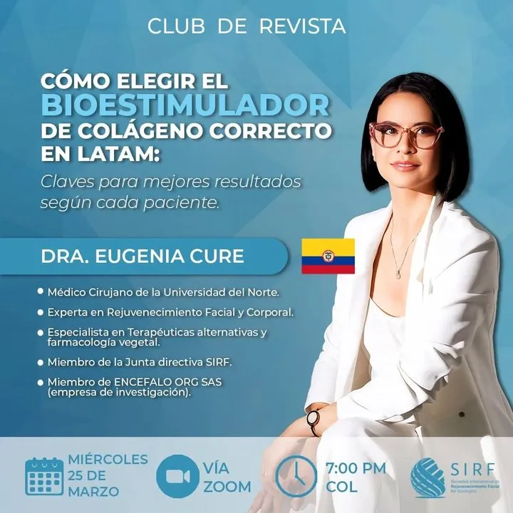 Afiche del Club de Revista: Cómo elegir el bioestimulador de colágeno correcto en Latinoamérica, con Eugenia Cure