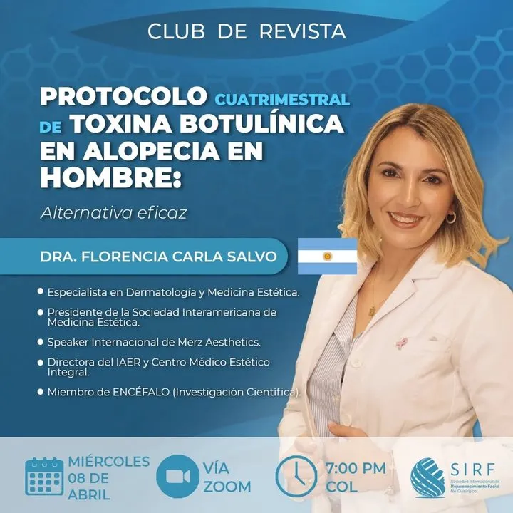 Afiche del Club de Revista: Protocolo cuatrimestral de toxina botulínica en alopecia en hombres, con Florencia Carla Salvo