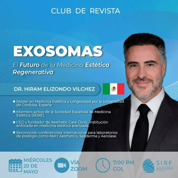 Afiche del Club de Revista: Exosomas: el futuro de la medicina estética regenerativa, con Hiram Elizondo Vilchez