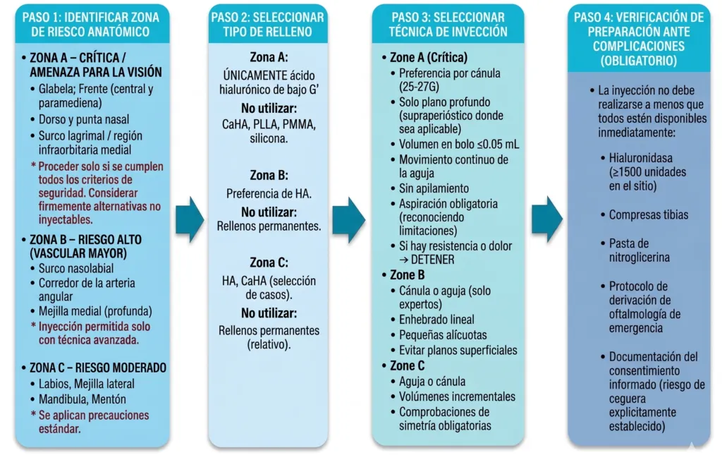 Infografía de cuatro pasos para prevenir complicaciones con rellenos: identificar la zona de riesgo anatómico, seleccionar el tipo de relleno, seleccionar la técnica de inyección y verificar la preparación ante complicaciones