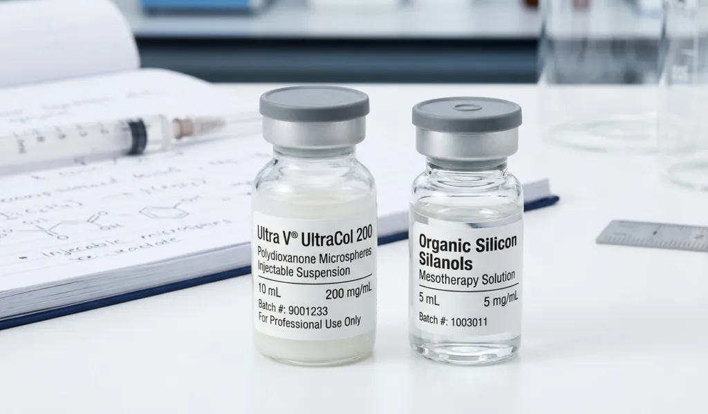 Dos viales sobre una mesa de laboratorio: Ultra V UltraCol 200, suspensión inyectable de microesferas de polidioxanona de 10 mL, y una solución de silicio orgánico (silanoles) de 5 mL