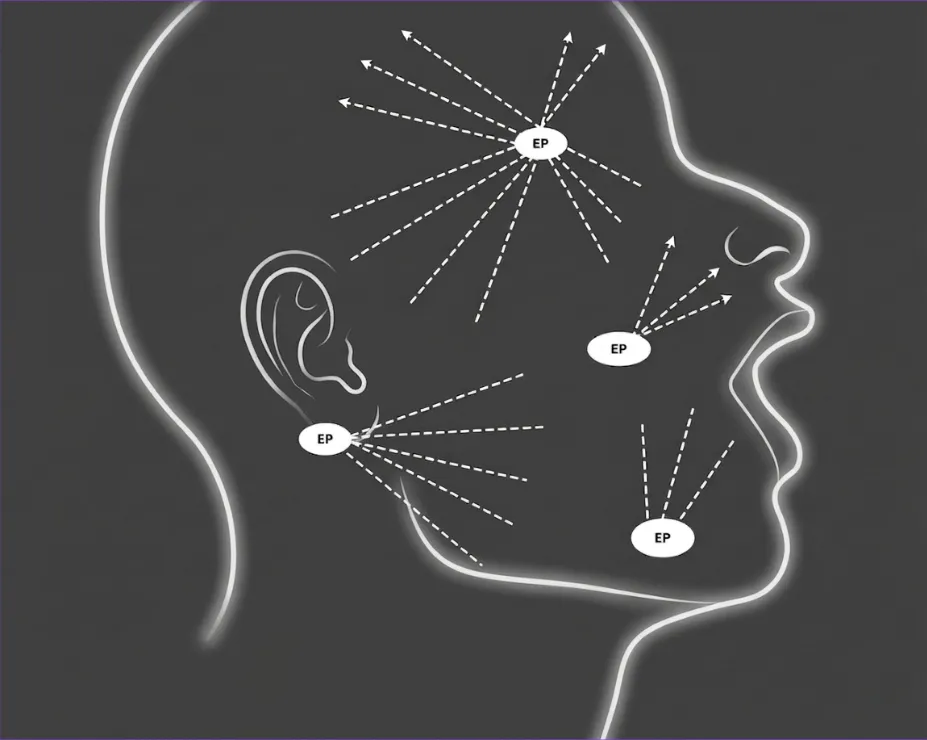 Esquema de un rostro de perfil con cuatro puntos de entrada y los vectores de inyección en abanico hacia la sien, la mejilla, el ángulo mandibular y el mentón