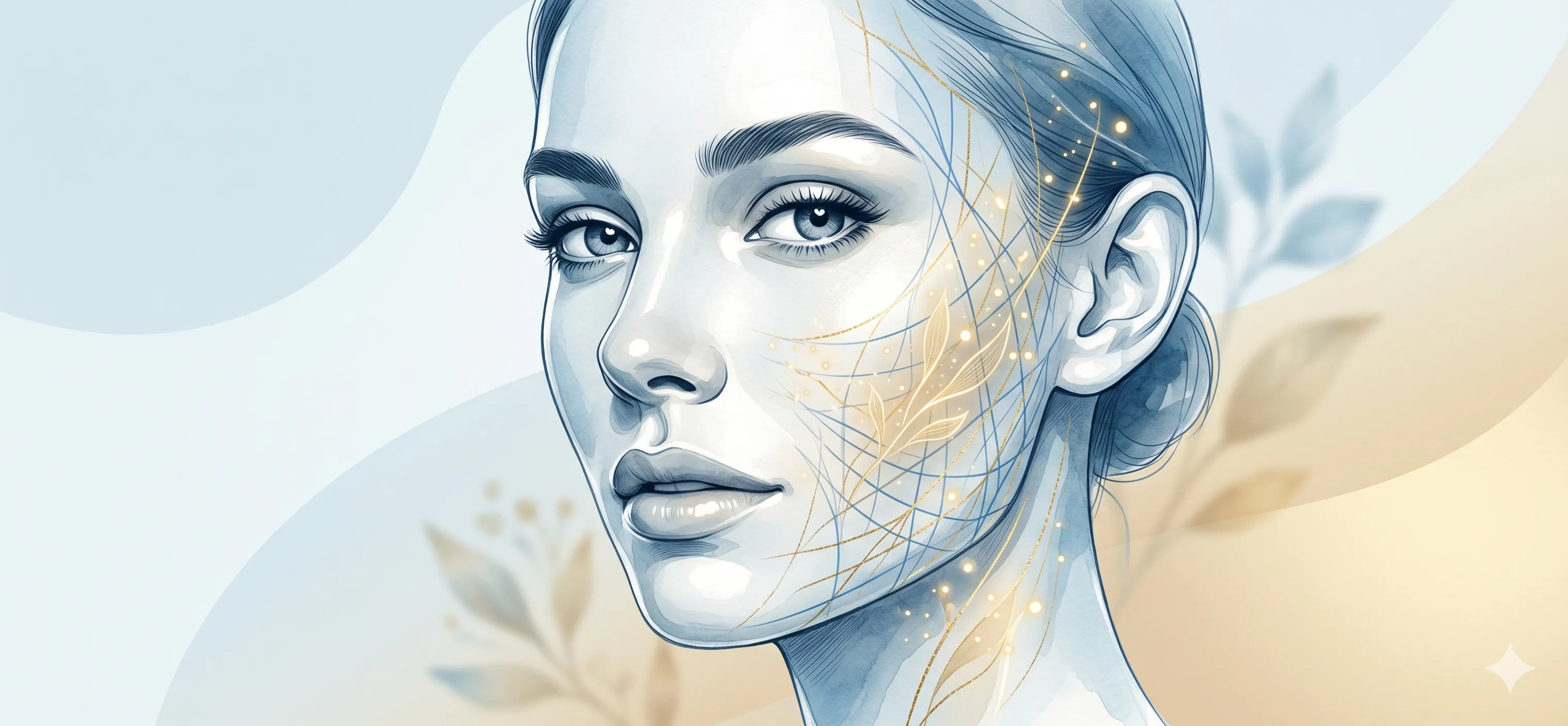 Ilustración en acuarela del rostro de una mujer, con líneas doradas y azules que recorren la mejilla y el cuello